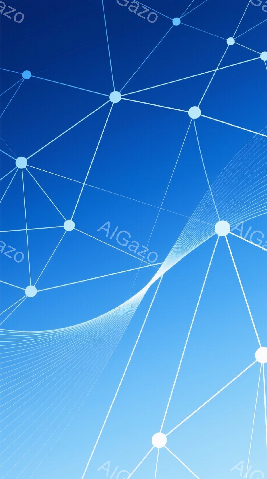 この画像は、明るい青色のグラデーションを背景に、白い線が網の目のように複雑に交差する抽象的な表現です。白い線は、光の帯のように湾曲し、点線で結ばれた白い円が配置されています。全体的に、未来的なテクノロ - AI生成フリー素材