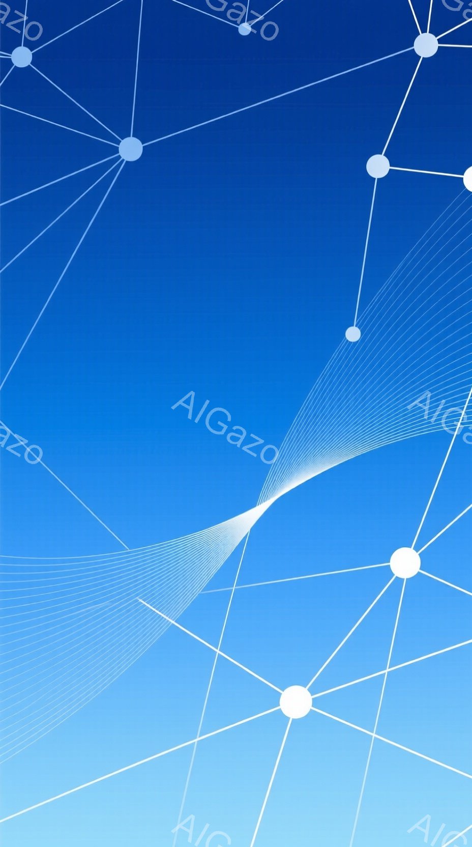 この画像は、明るい青色のグラデーションを背景に、白い線と円で構成された抽象的なデザインです。白い線は、円を結びつけ、ネットワークのような構造を描き出しており、ダイナミックで未来的な印象を与えます。全体 - AI生成フリー素材