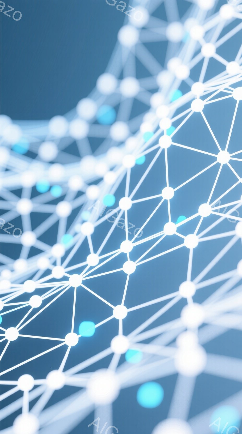 この画像は、青色の背景に、多数の白い点とそれらを結ぶ線で構成されたネットワークのような抽象的な構造を描いています。一部の点は水色に光っており、ネットワーク内にアクティビティや接続が存在することを示唆しています。全体的に、未来的なテクノロジーやデータ接続を連想させる、洗練された雰囲気を持っています。