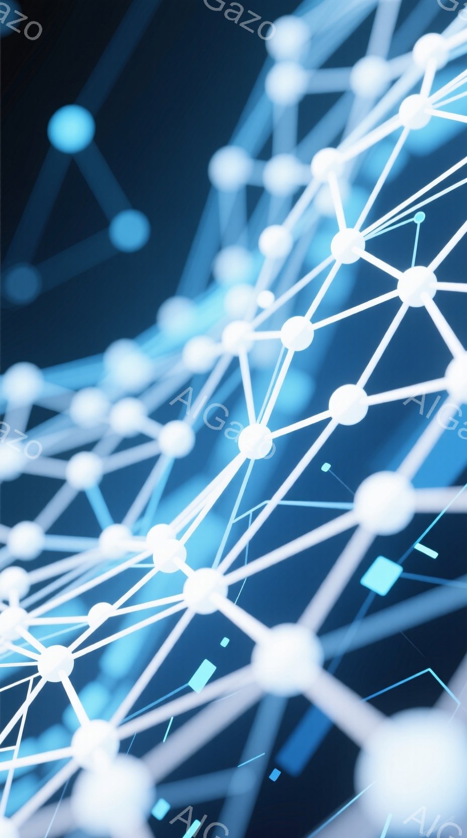 鮮やかな青色の背景に、多数の白い球とそれらを繋ぐ細い線が網の目のように広がっている抽象的な画像です。球は様々な大きさで、光沢があり、まるでネットワークや接続を視覚化したかのようです。全体的に近未来的で、テクノロジーやデータ、繋がりを連想させる雰囲気です。