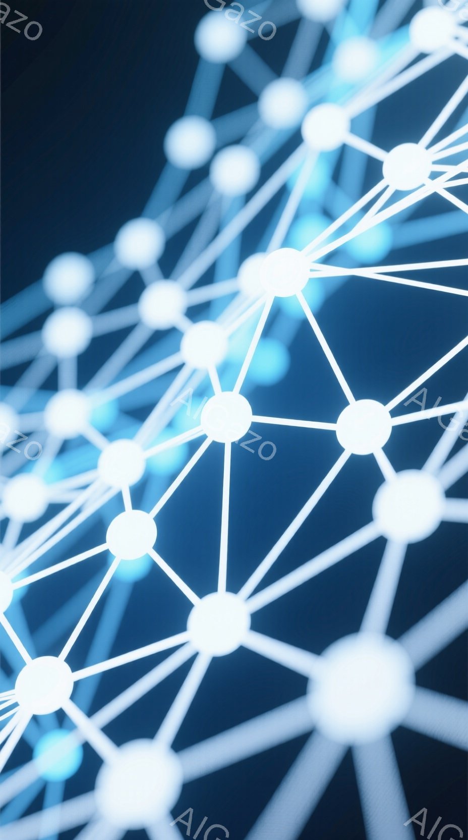 この画像は、青色の背景に浮かぶ、光る白い線と球体で構成されたネットワークのような抽象的な表現です。球体は様々な大きさで、線はそれらをつなぎ、複雑な立体的な構造を形成しています。全体的に未来的な印象で、データのつながりやコミュニケーションを連想させます。