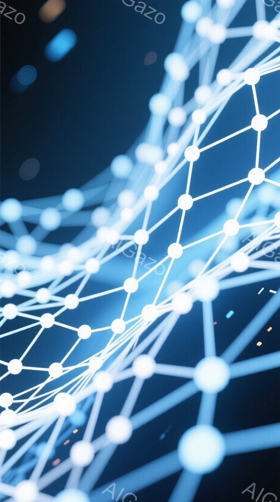 この画像は、明るい青色の背景に、光る白い線で構成されたネットワークのような抽象的な図形が描かれています。線は点と点で繋がり、複雑な網の目のような構造を形成しており、未来的なテクノロジーや通信を連想させます。全体的に、光の粒が散りばめられ、幻想的でダイナミックな雰囲気を醸し出しています。