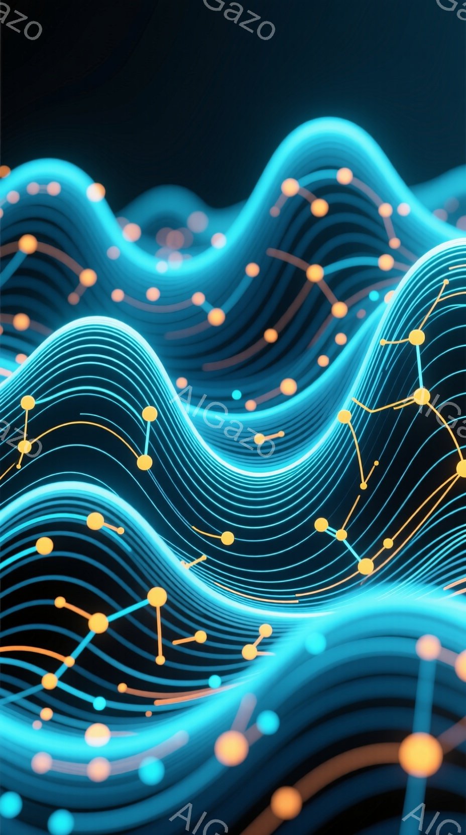 鮮やかな青色の曲線が複雑に絡み合い、まるでエネルギーの流れを視覚化したような抽象的なイメージです。曲線に沿って、金色の小さな球体が繋がり、ネットワークや繋がりを象徴しているようです。背景は暗く、曲線と球体が際立ち、未来的な雰囲気を作り出しています。