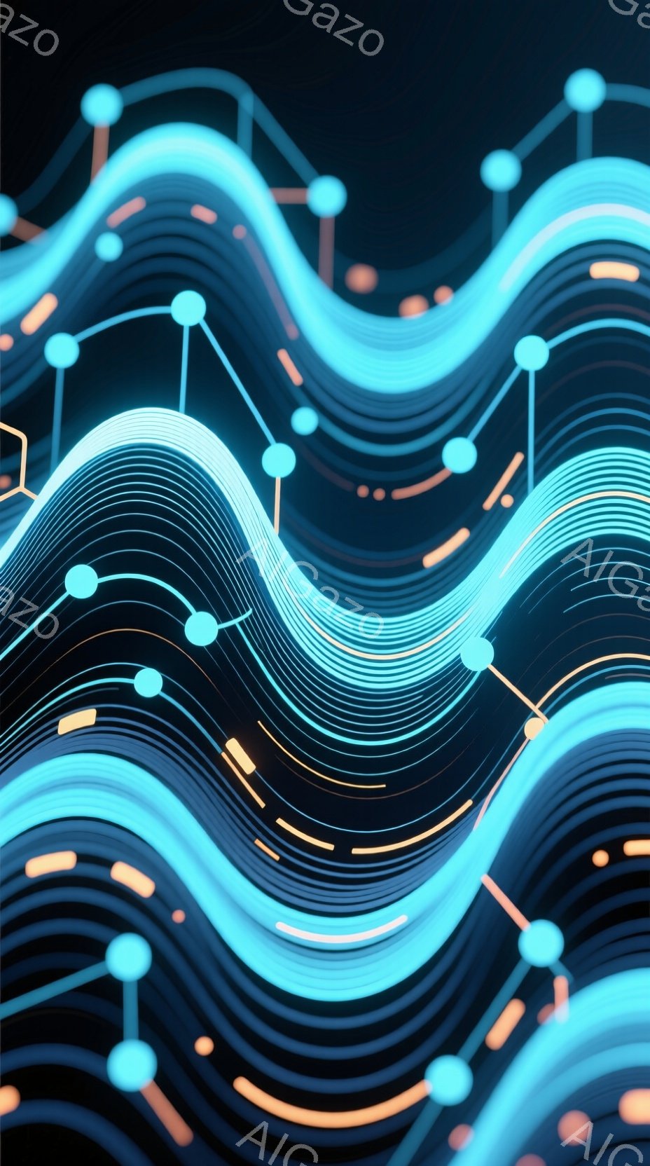 鮮やかなネオンブルーとオレンジ色の線が、暗い背景にうねるように配置された抽象的な画像です。線は接続された点によって構成され、まるでエネルギーの流れやネットワークを視覚化したかのようです。全体的に未来的で、流動的かつダイナミックな雰囲気を醸し出しています。