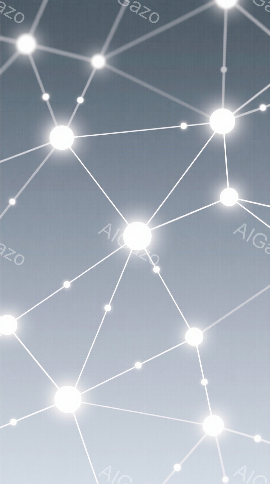 この画像は、暗いグレーの背景に、明るい白い点が線で繋がれたネットワーク状の抽象的な表現です。点々は均等に配置されておらず、不規則な接続が全体に広がっています。この配置は、データ接続、神経回路、または抽象的な思考プロセスを暗示するような、未来的な印象を与えます。