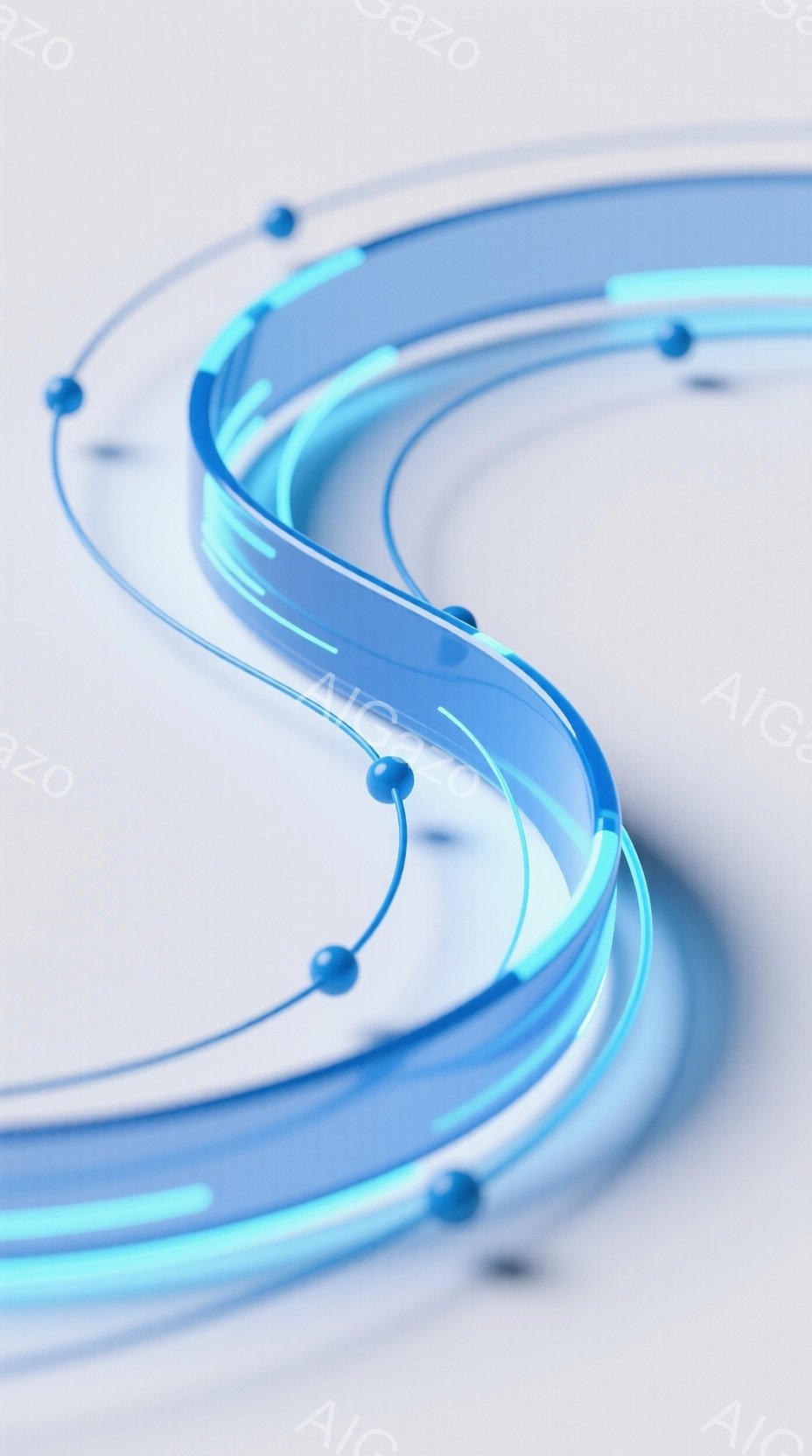 光沢のある青色の帯が、らせん状に空間を漂う抽象的なイメージです。帯は光を反射し、未来的な印象を与え、その周囲には小さな球体が点在しています。背景は白く、この光の軌跡が際立つように設計されています。 - AI生成フリー素材