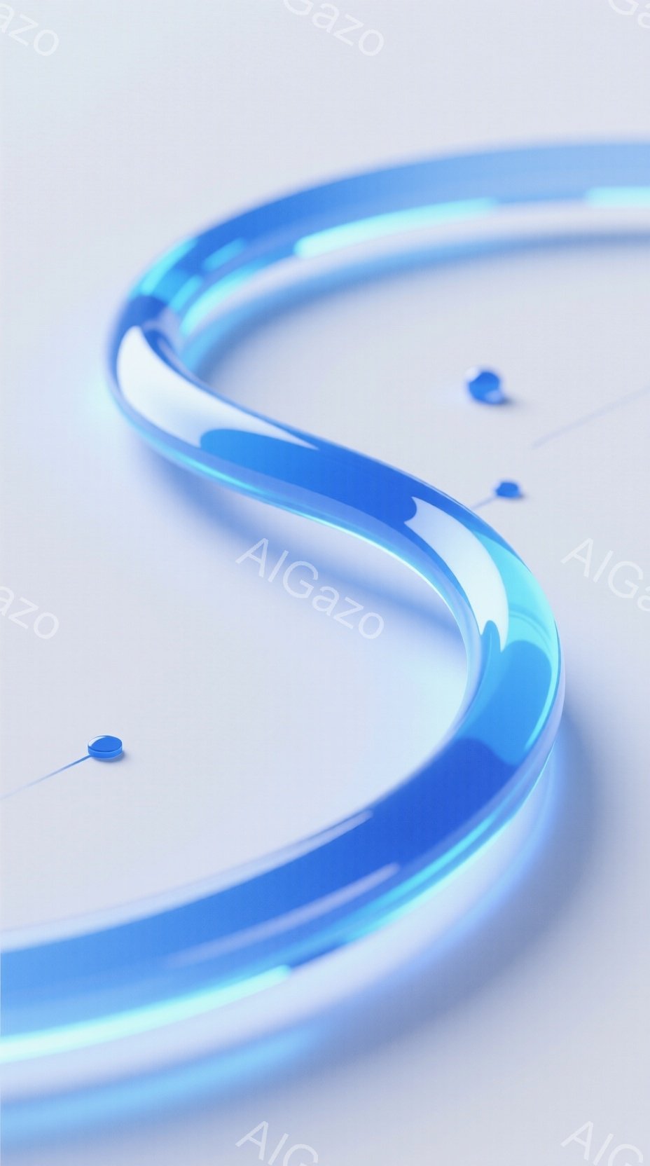 鮮やかな青色の光る曲線が、白い背景に浮かび上がっています。曲線は滑らかで、まるで光の帯のようです。数個の小さな青い球体が曲線に沿って散らばり、未来的な印象を与えます。