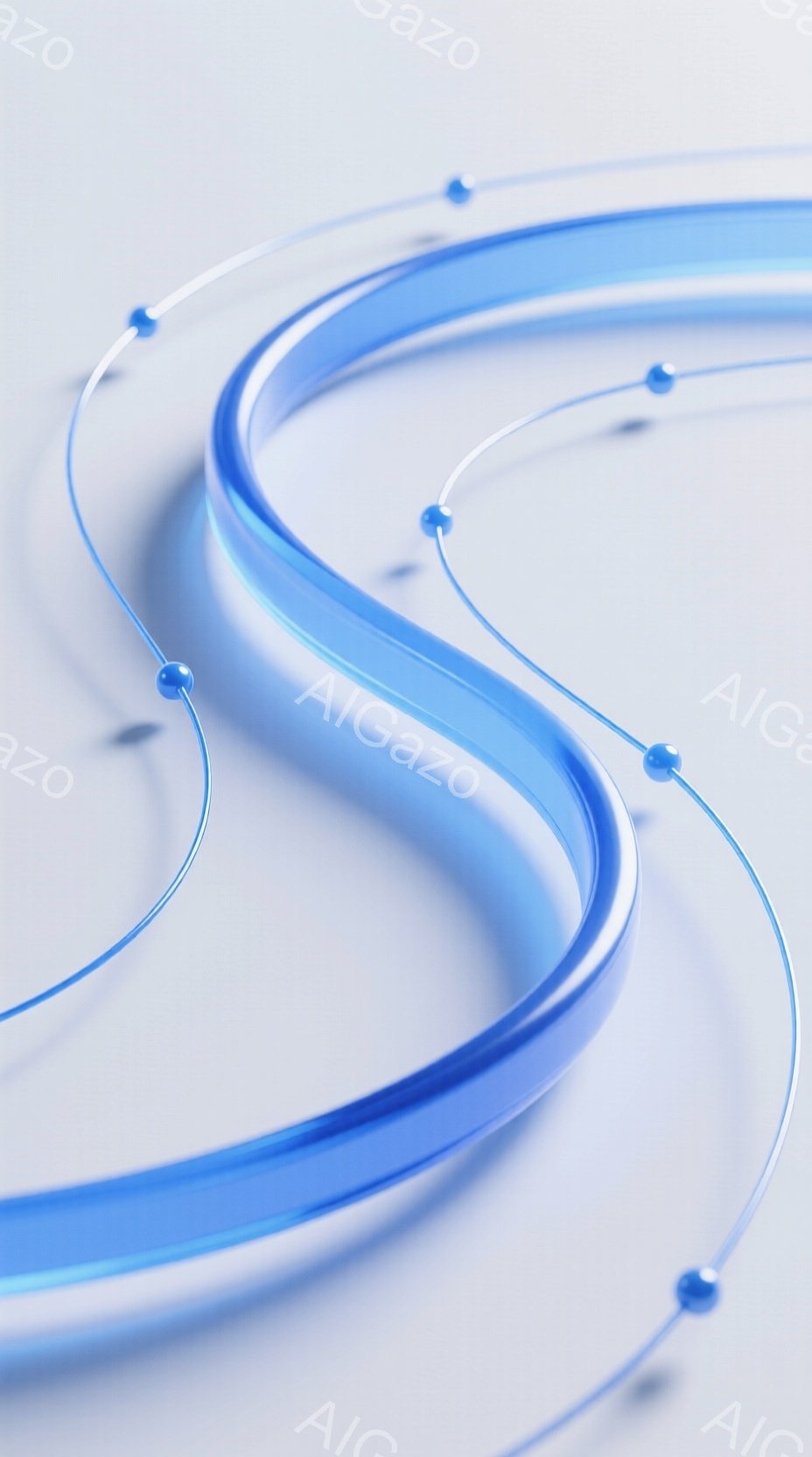 明るい白色の背景に、青い光沢のある曲線が幾重にも重なり合って描かれています。その曲線は、まるで光の筋のように、滑らかで未来的な印象を与えます。曲線には等間隔に配置された、小さな青い球体が点在しており、それが光の軌跡をさらに強調しています。