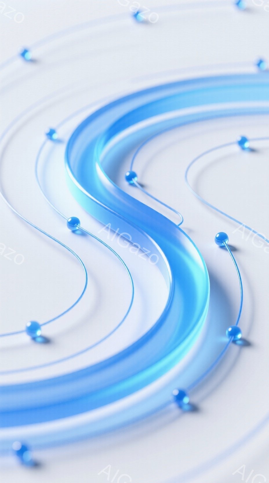 白い背景に、鮮やかな青色の曲線が何本か重なり合って描かれています。各曲線には、光沢のある青い球体が規則的に配置されており、まるで軌跡のようです。全体的に未来的な雰囲気で、ミニマルながらも洗練された印象を与えます。