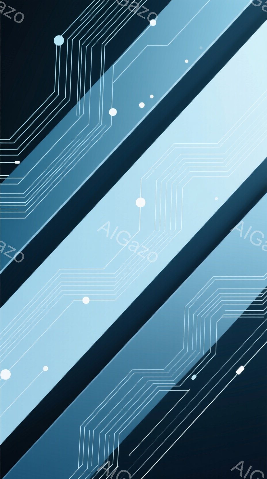 鮮やかな青色のグラデーションが斜めに広がる背景に、白い細い線が回路のような模様を描いています。線は不規則に配置された白い円と交差し、未来的なテクノロジーやデジタルな世界を連想させるデザインです。全体的にクールで洗練された印象を与え、ミニマルながらも視覚的に訴えかける構成となっています。