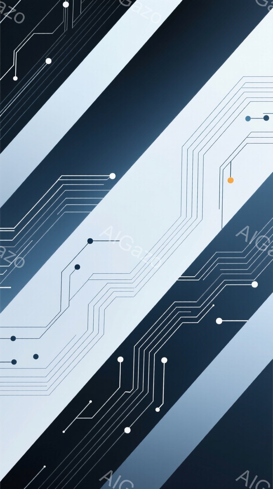 この画像は、青と白を基調とした抽象的なデザインです。白い線が、回路のようなパターンで斜めに走り、その上に白い点が規則的に配置されています。背景はグラデーションで、モダンでテクノロジーを感じさせる雰囲気 - AI生成フリー素材