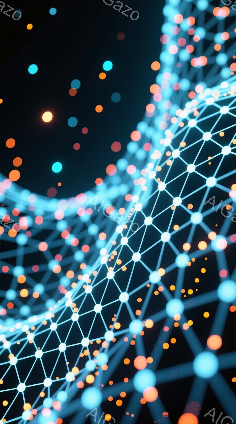 この画像は、暗い背景に浮かぶ、複雑なネットワーク構造を描写しています。白い点で結ばれた青い線が、光り輝くオレンジ色の粒子に囲まれており、未来的な印象を与えます。全体として、データ、接続、そして抽象的な - AI生成フリー素材