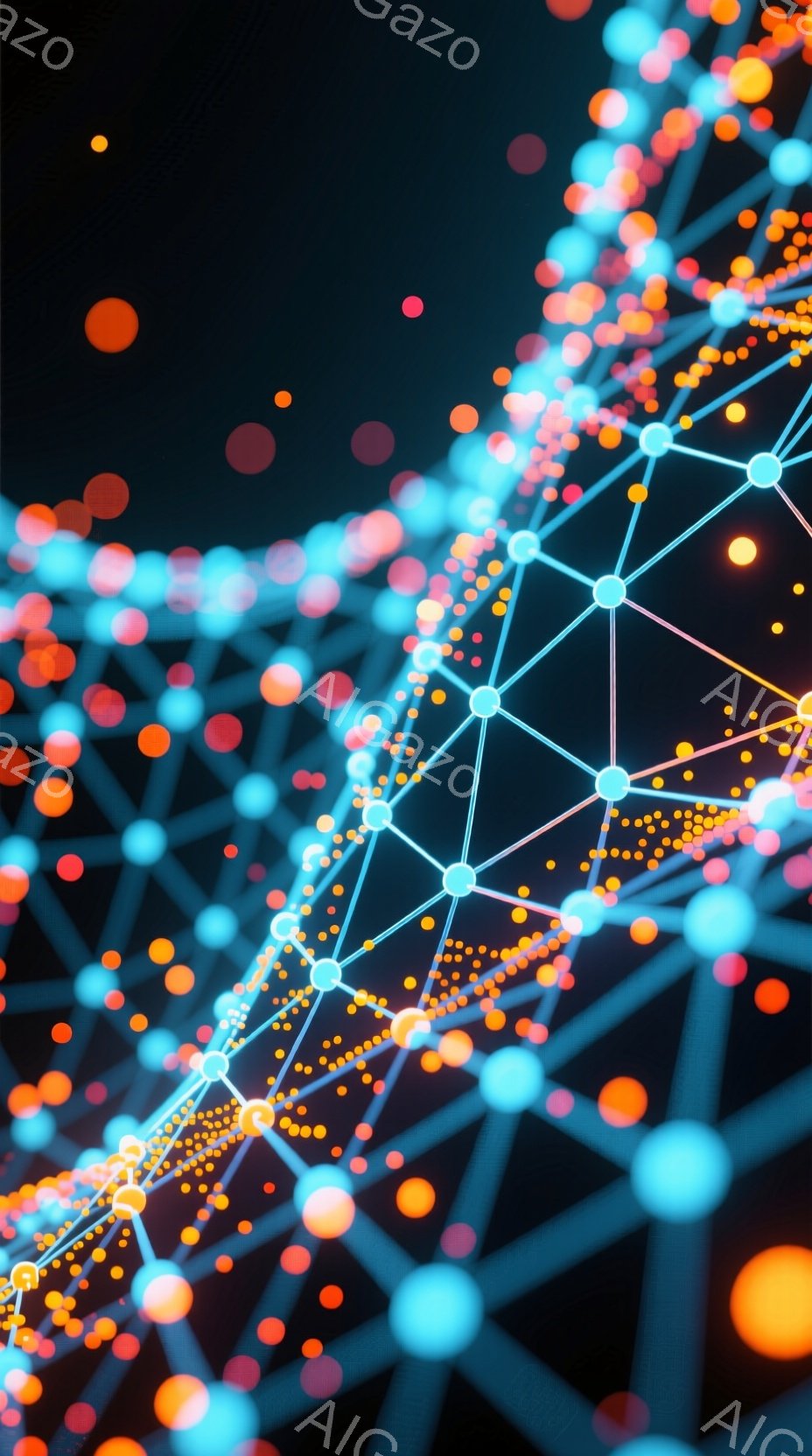 鮮やかなオレンジと水色の光点が、暗い背景に散りばめられた抽象的なネットワークを形成しています。光点は様々な大きさと色合いを持ち、まるで宇宙空間の星雲やデジタルな接続を想起させます。全体的に、未来的なテ - AI生成フリー素材