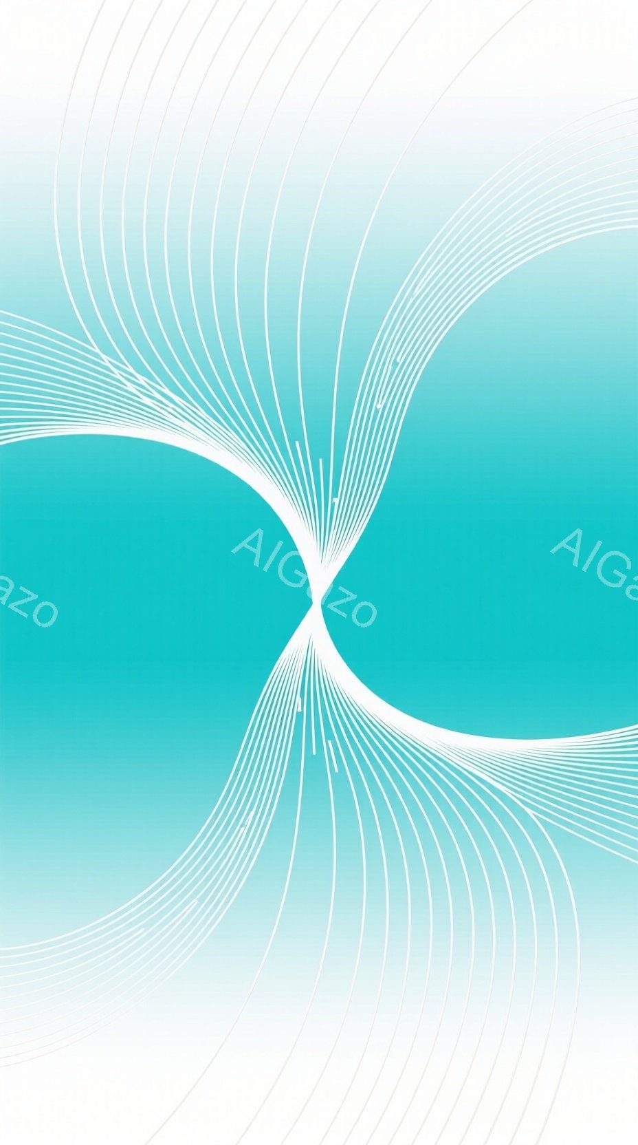 鮮やかなターコイズブルーから白へのグラデーションが広がる抽象的な画像です。中心から放射状に細い白い線が曲線を描き、まるで光が広がっていくかのような印象を与えます。全体的に流れるような優美さと、静けさが感じられるデザインです。