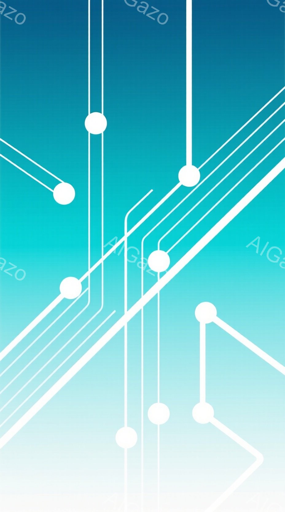 この画像は、白の線と円が、淡い青から白へのグラデーションの背景に抽象的に配置されています。線は様々な方向に伸び、円はそれらの接続点として機能し、まるで回路やネットワーク図のような印象を与えます。全体的 - AI生成フリー素材