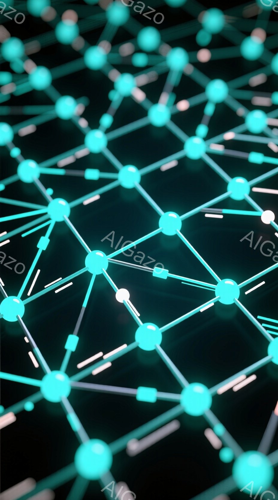 鮮やかなターコイズブルーの球体が、細い灰色の線で複雑に繋がれたネットワーク状の構造が広がっている。球体は均等に配置されており、線はそれらを結びつけ、まるで分子構造や回路図のような印象を与える。暗い背景が、この構造を際立たせ、未来的な、あるいは科学的な雰囲気を作り出している。