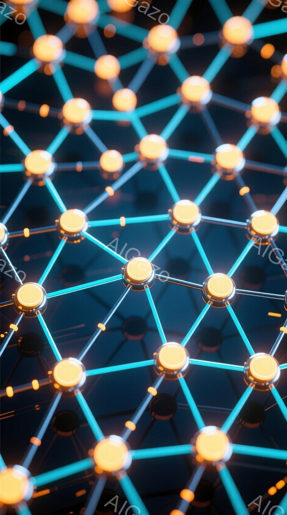 この画像は、規則的に配置された輝くオレンジ色の球体とそれらを繋ぐ青い線で構成されたネットワーク構造を描いています。球体は均等な間隔で配置され、複雑なグリッドパターンを形成しており、背景は暗く、光の反射が強調されています。全体的に、テクノロジー、コネクティビティ、そして未来的な印象を与える抽象的なイメージです。