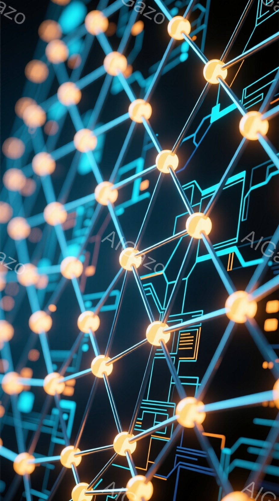 この画像は、暗い背景に鮮やかなオレンジ色の球体が網目状の青い線で結ばれた、抽象的なデジタルネットワークを表しています。球体は光を放ち、回路基板のような線は複雑に絡み合い、現代的なテクノロジーや接続性の - AI生成フリー素材