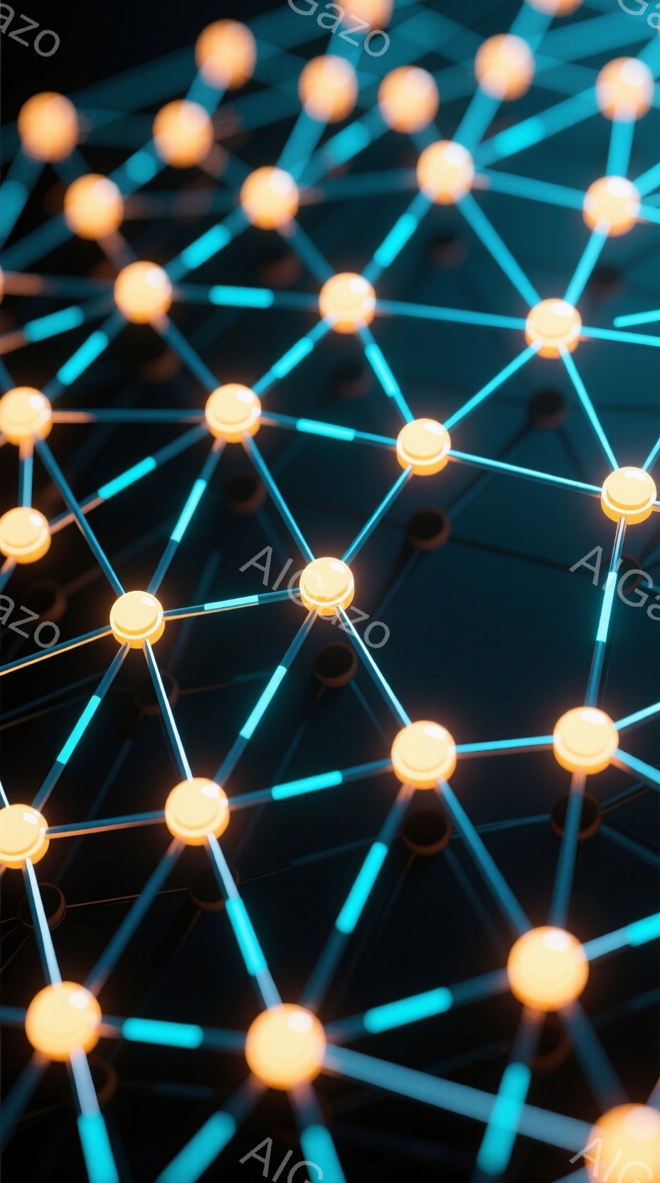 鮮やかなオレンジ色の球体が、明るい水色の線によって複雑に結ばれたネットワークを形成しています。背景は暗く、球体と線が際立っており、まるで抽象的な回路や神経細胞網のような印象を与えます。全体的に未来的でテクノロジーを感じさせる雰囲気が漂っています。