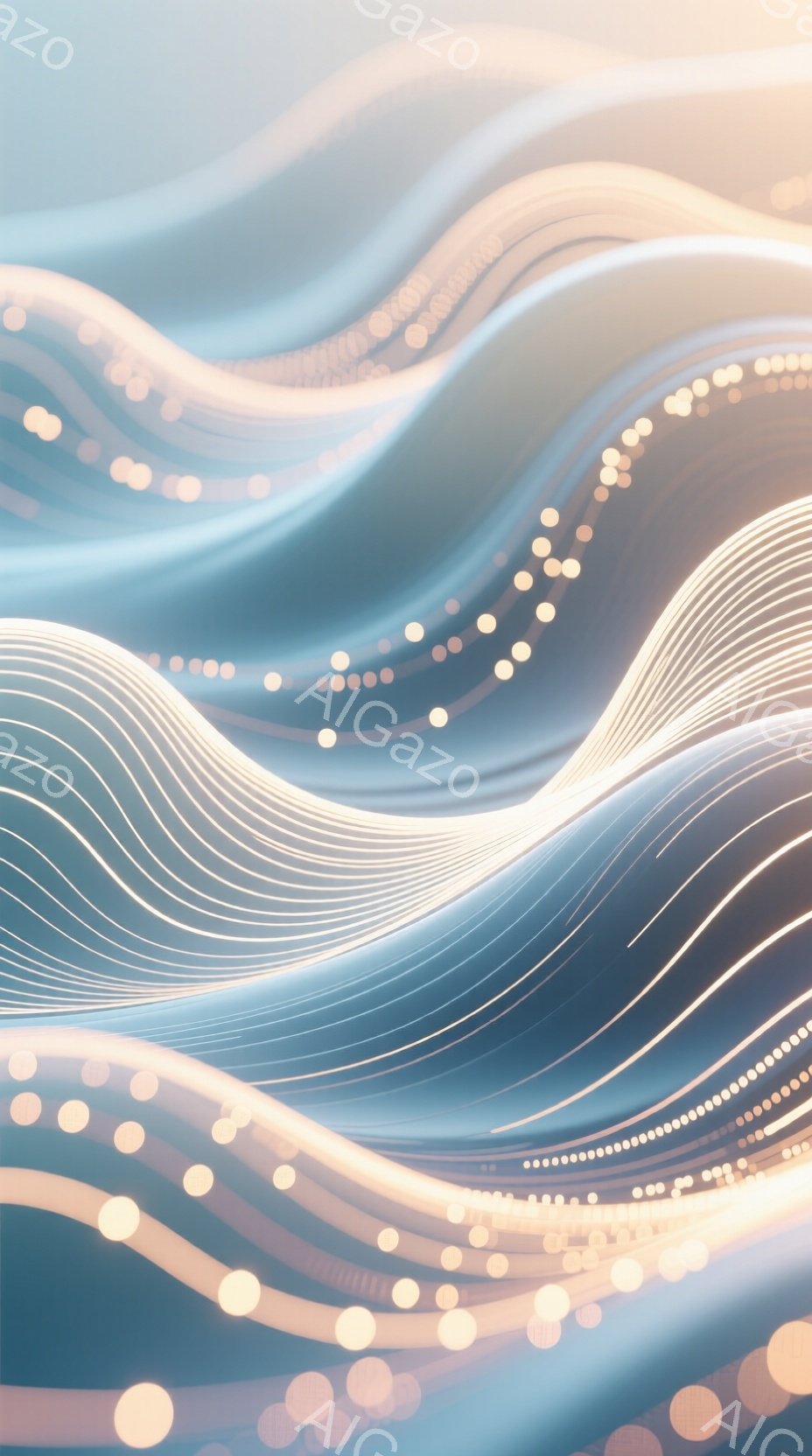 鮮やかな青と白の曲線が流れるように重なり合い、光の粒子が散りばめられた抽象的なイメージです。まるで光の帯が空間を漂っているかのような幻想的な雰囲気が漂います。背景はぼんやりとグラデーションがかかってお - AI生成フリー素材