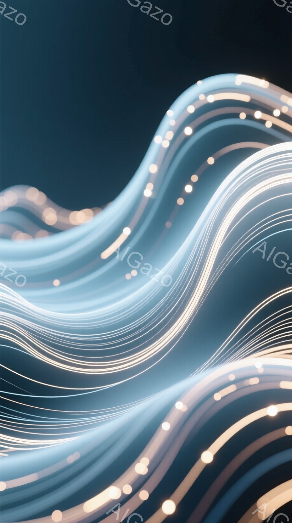 鮮やかな水色の光の線が、暗い背景をうねうねと流れる様子が描かれている。光の線は、まるで生き物のように有機的な形を作り出し、ところどころに散りばめられた淡い光がアクセントとなっている。全体的に神秘的で、幻想的な雰囲気が漂っている。