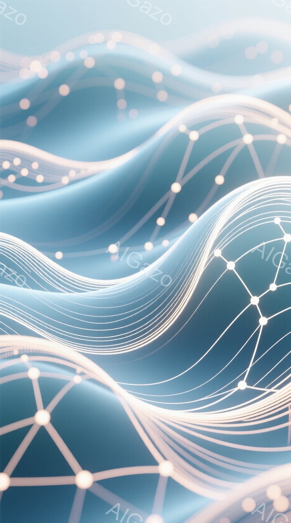この画像は、明るい青色の背景に、白く光る線が複雑に絡み合い、ネットワークのような構造を形成しています。線は流れるような曲線を描き、光の粒子が散りばめられており、未来的なテクノロジーやエネルギーの流れを連想させます。全体的に、透明感があり、静かで神秘的な雰囲気を醸し出しています。