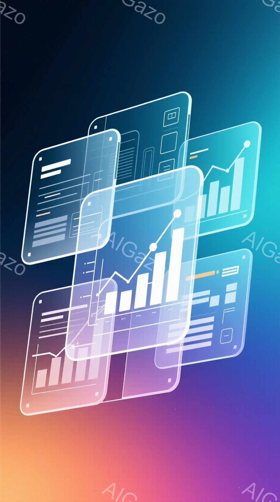 この画像は、明るい青とオレンジのグラデーションを背景に、線画で表現された複数のスマートフォンが空中に浮かんでいる様子を描いています。各スマートフォンには、棒グラフやリストなど、データ分析やビジネスに関 - AI生成フリー素材