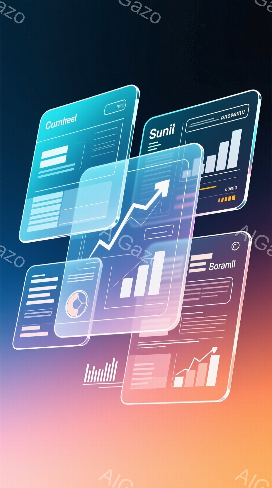 鮮やかなグラデーションの背景に、複数のスマートフォンが斜めに重なって配置されています。各スマートフォンの画面には、棒グラフや線グラフなどのデータ分析を視覚化したものが表示されており、明るいオレンジ色と - AI生成フリー素材