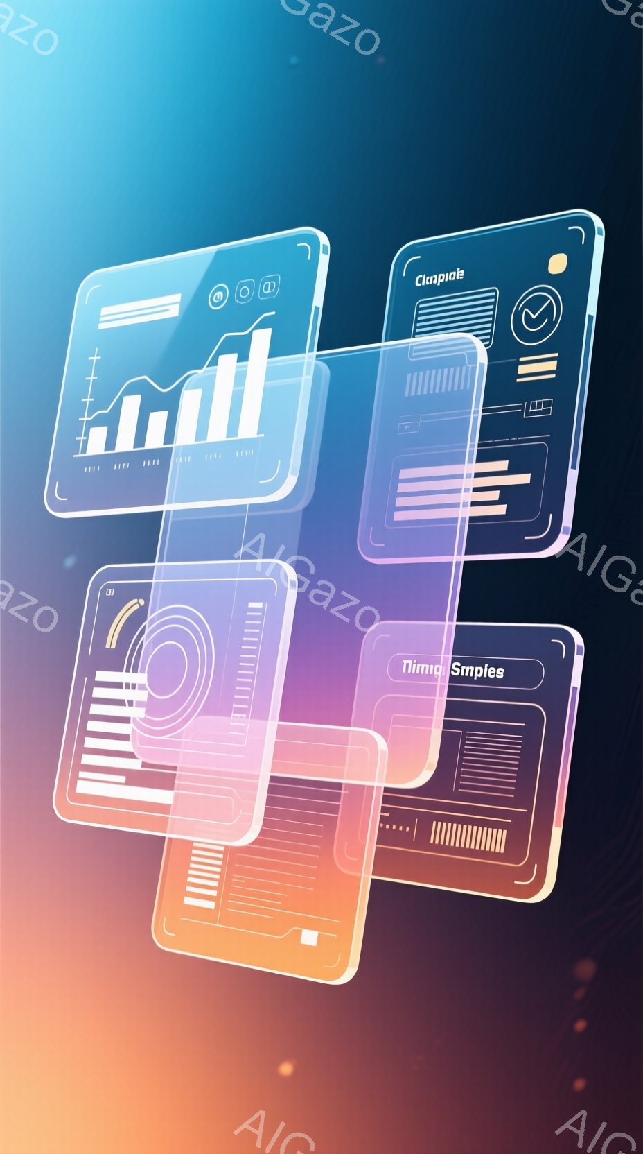 この画像は、グラデーションのかかった背景に、複数の発光するスマートフォン画面が重ねて表示されています。各画面には、グラフやアイコンなどのデータが表示されており、モダンでテクノロジーを感じさせるデザイン - AI生成フリー素材