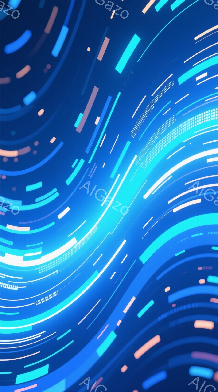 この画像は、鮮やかな青色の背景に、白、水色、オレンジ色の線が放射状に広がった抽象的なデザインです。線は様々な長さと太さで、まるで光の軌跡のように見え、未来的なエネルギーを感じさせます。全体として、躍動感とスピード感があり、デジタルな世界観を表現しています。