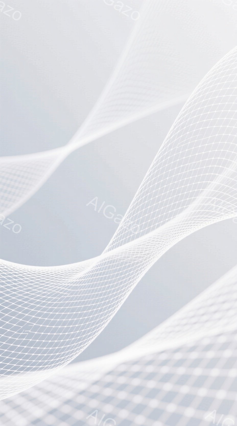 白い線が複雑に絡み合い、渦巻くような抽象的な表現が特徴的です。背景は淡いグレーの格子状のパターンで、奥行きを感じさせます。全体的に未来的で、ミニマルな印象を与えるアート作品です。