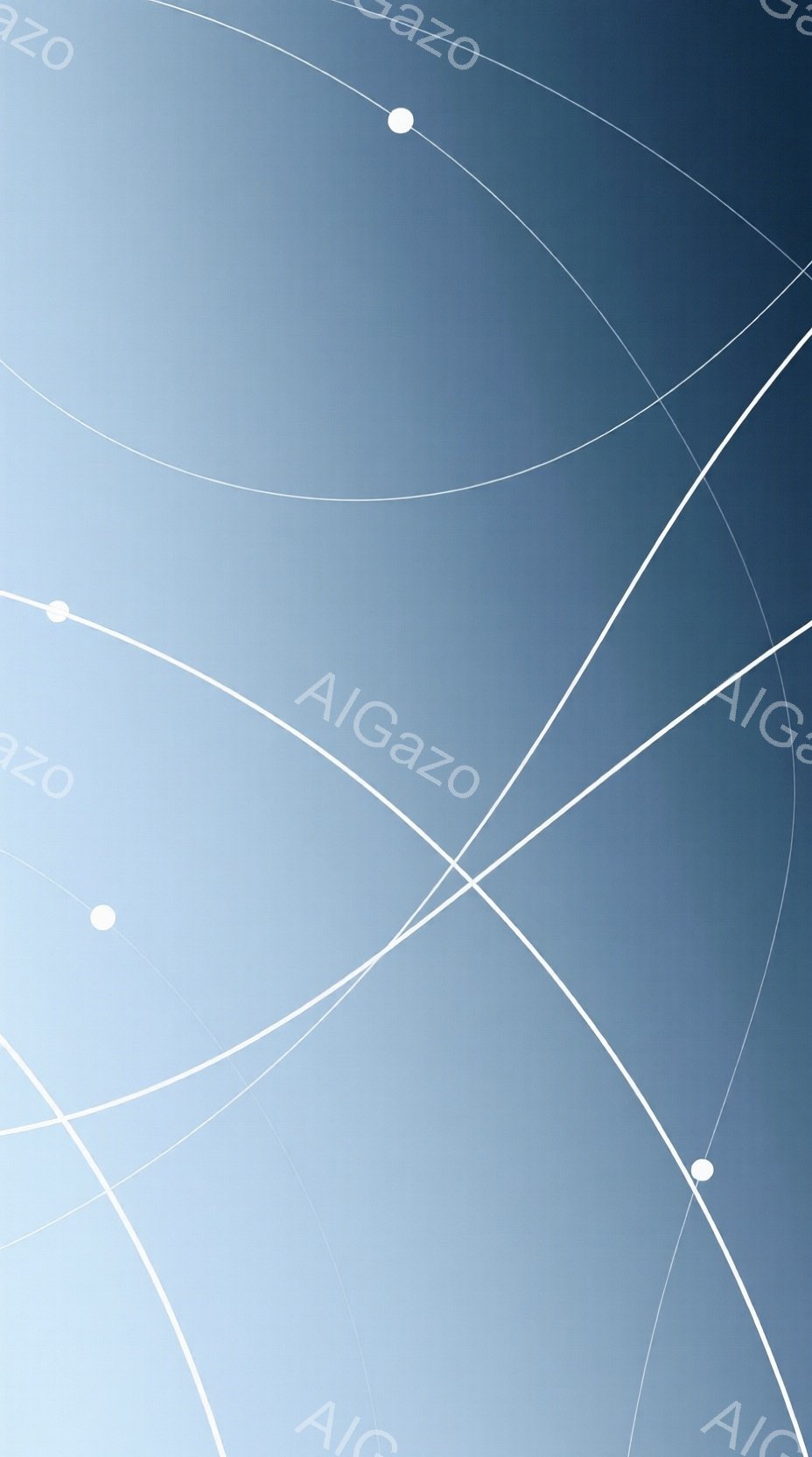 この画像は、青色のグラデーションが広がる空を背景に、白く細い曲線が複数描かれた抽象的な構成です。曲線は円弧の一部や直線が交差しており、点線状の白い球体が散りばめられています。全体的に静かで、落ち着いた、そして未来的な雰囲気を感じさせます。