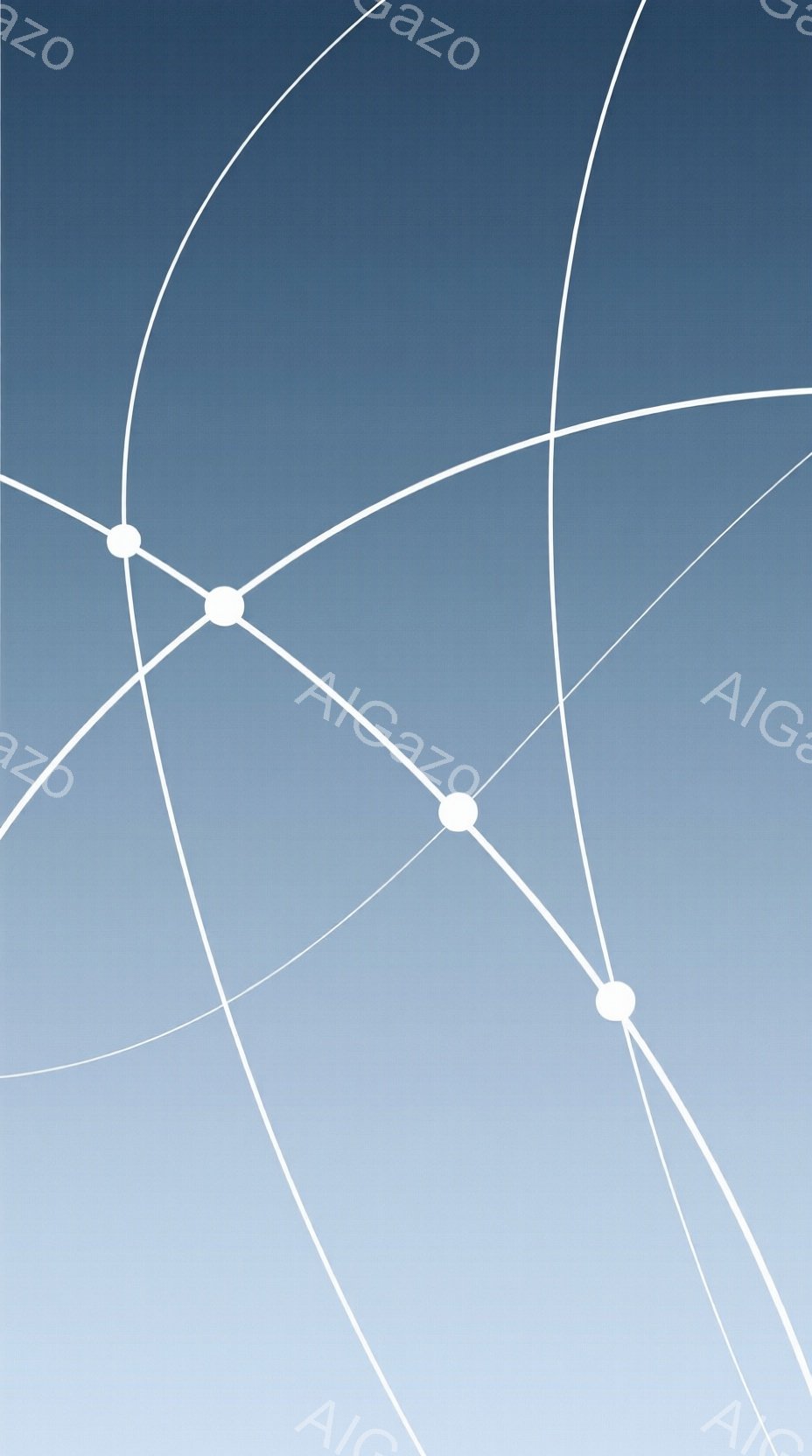 この画像は、青と白のグラデーションを背景に、白線で構成された抽象的なネットワークが描かれています。線は曲線を描き、互いに交差する地点には光の球体が配置されています。全体的に、静かで瞑想的な雰囲気であり、繋がりや関係性を表現しているように見えます。