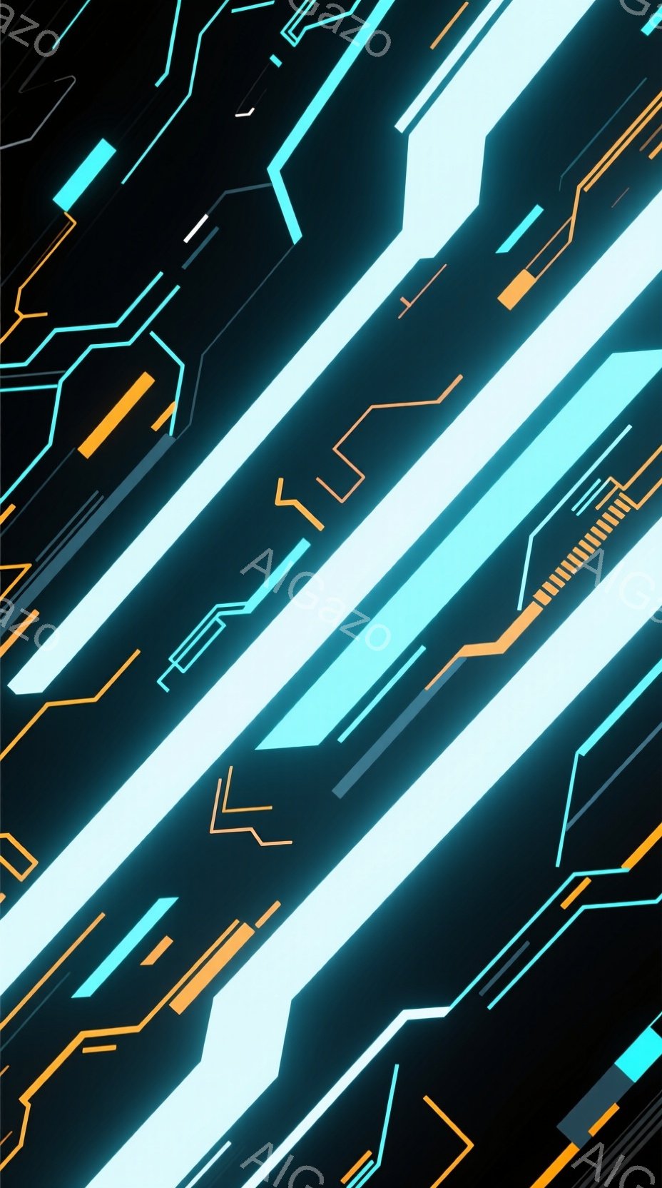鮮やかなネオンカラーのラインが、黒い背景を斜めに走り抜けています。ラインは青やオレンジ色で構成され、未来的な回路や光の軌跡を思わせるデザインとなっています。全体として、スピード感とテクノロジーを感じさせる抽象的なビジュアルです。