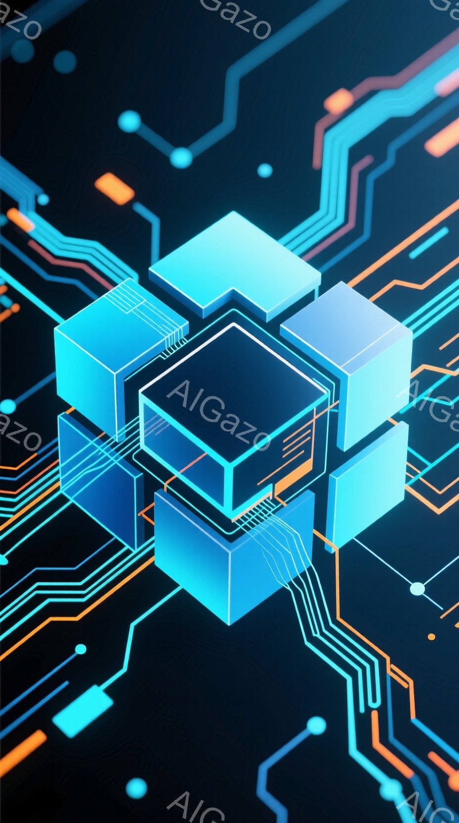鮮やかな青色の光を放つキューブが、複雑な回路基板の上に配置されています。回路はオレンジ色と青色の線で構成され、未来的でテクノロジーを感じさせるデザインです。全体的に暗い背景が、光るキューブと回路を際立たせ、サイバーパンクな雰囲気を醸し出しています。