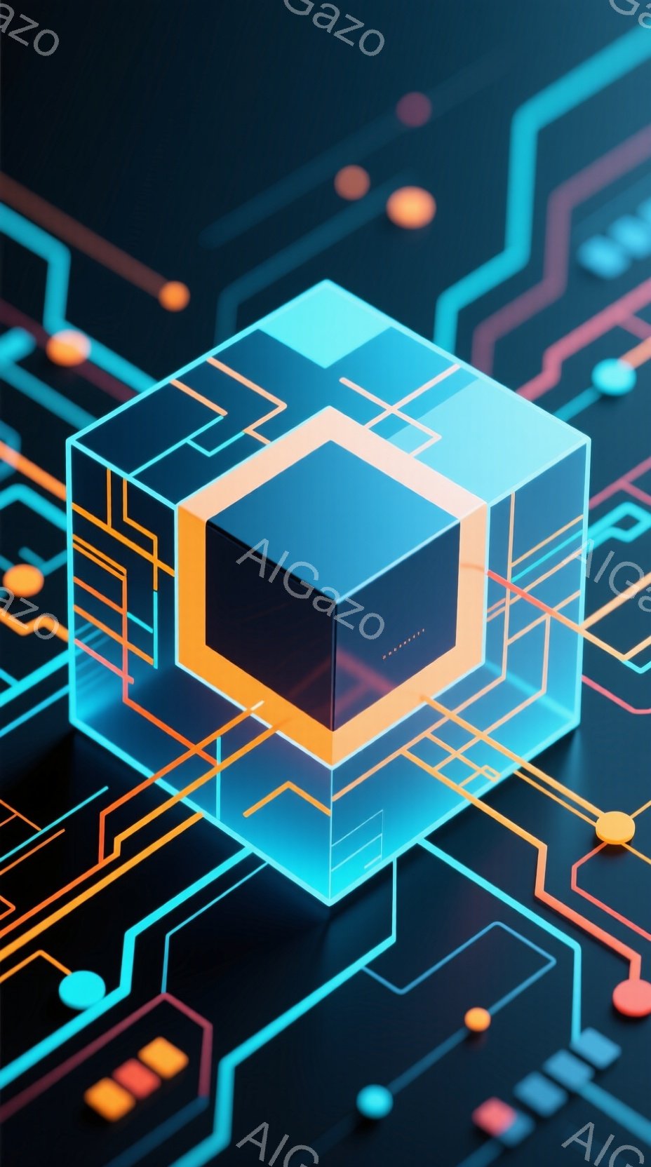 この画像は、光沢のある黒い立方体を中心に、複雑な回路のようなデザインが背景に広がっています。立方体は内部からオレンジ色に光り、青い透明なフレームで囲まれており、未来的な印象を与えます。回路はオレンジ、青、ピンクの色で構成され、明るいドットが散りばめられており、まるでテクノロジーとアートが融合した空間のようです。