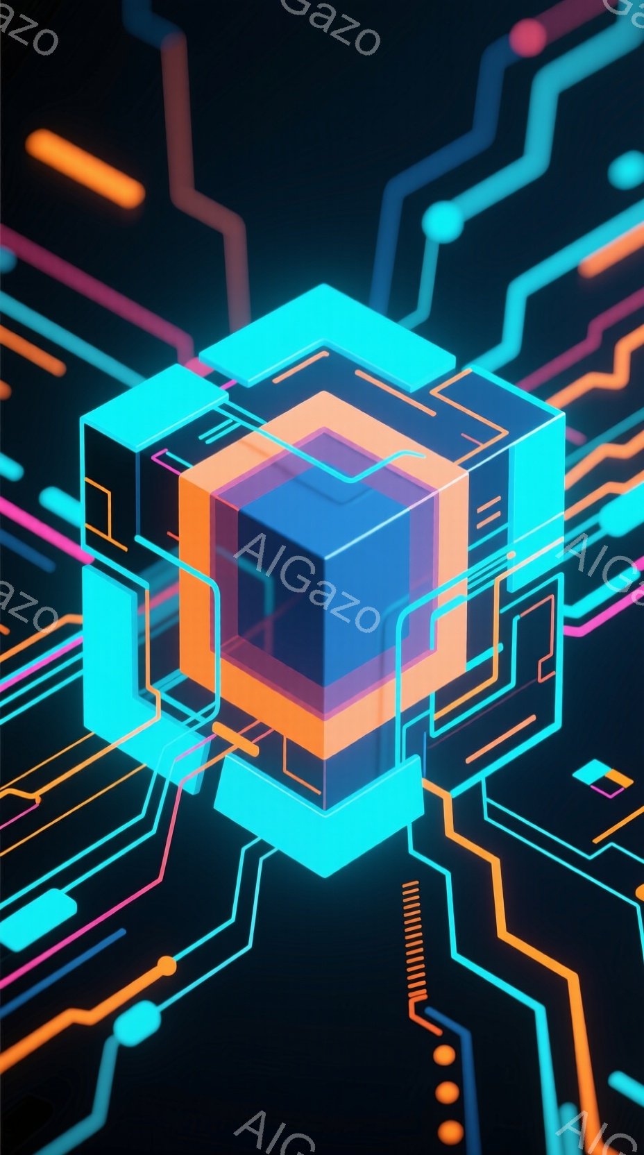 鮮やかなネオンカラーの回路が背景に広がり、中央には発光する立方体が配置されています。立方体は複数の層で構成され、内部には複雑なパターンが輝いています。全体として、未来的なデジタル空間を想起させる、サイバーパンク風の抽象的なイメージです。