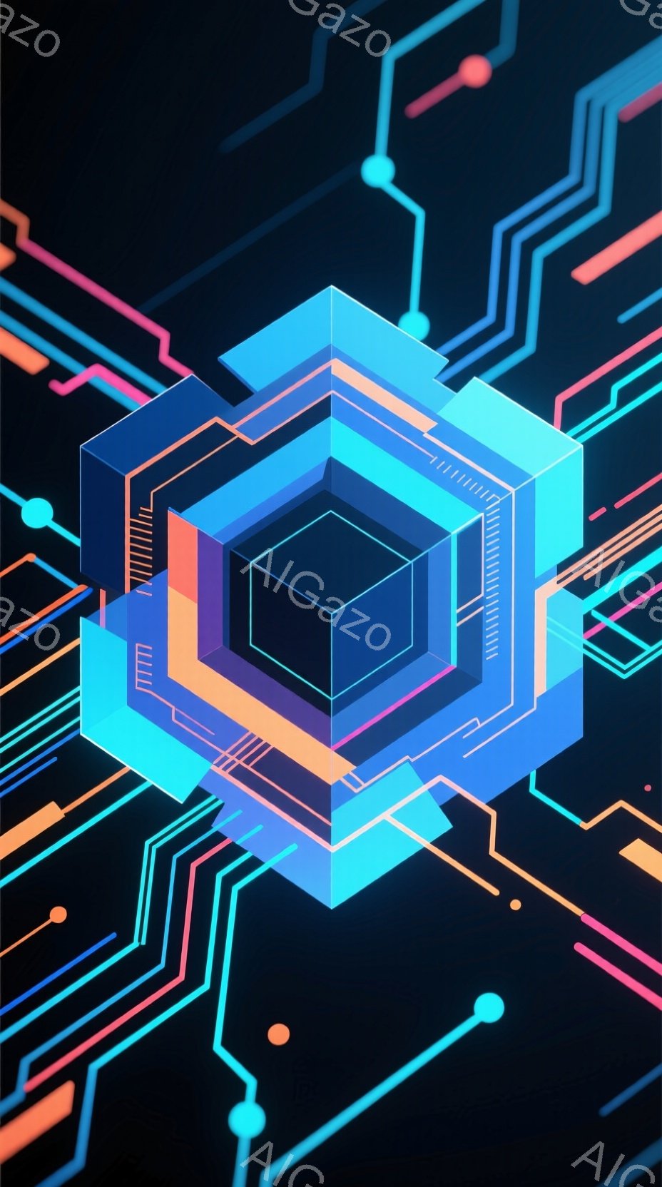 鮮やかなネオンカラーの回路が黒い背景に複雑に絡み合い、未来的な雰囲気を醸し出しています。中央には、多層構造の立方体が配置され、光沢のあるブルーとターコイズグリーンで強調されています。幾何学的な線と光が織りなすパターンは、高度なテクノロジーやデジタル空間を連想させ、洗練された印象を与えます。
