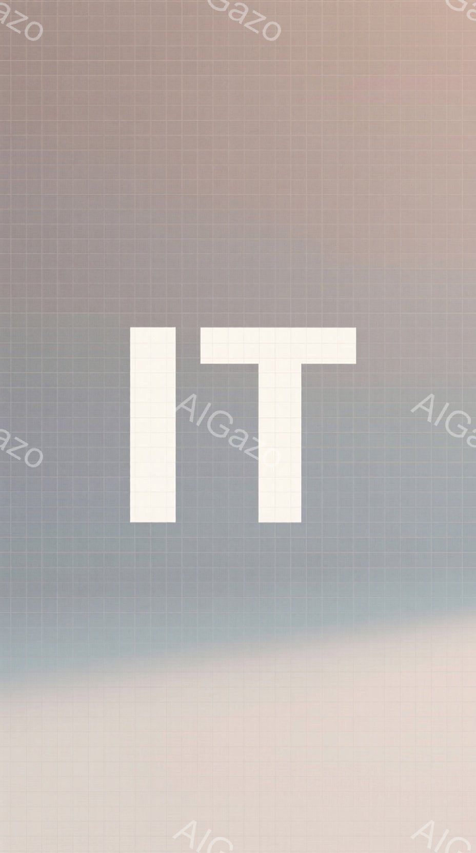 画像は、淡い青とベージュのグラデーションが施された背景に、白い大きな「T」の文字が配置されています。背景は均一な格子状のパターンで構成され、全体的に穏やかで静謐な雰囲気を醸し出しています。文字はシンプルで大胆であり、背景の柔らかさと対照的です。