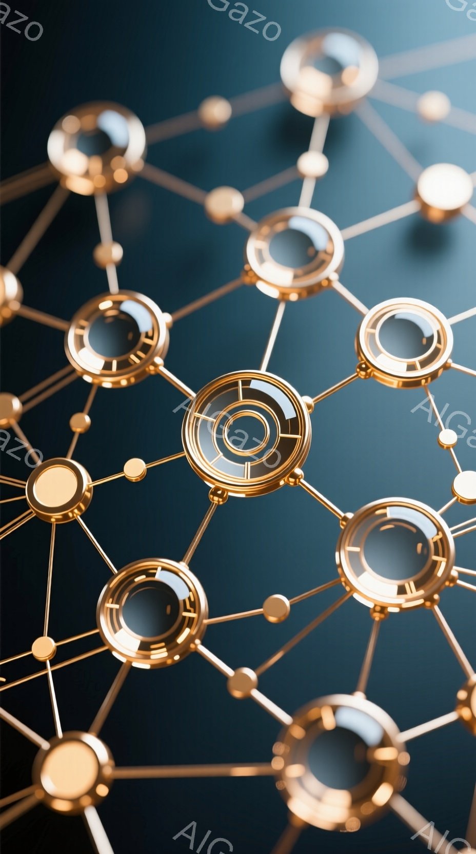 黄金色の線が複雑に絡み合い、球体で繋がれたネットワークが描かれています。球体は光沢があり、内部には小さな円盤が見え、未来的な印象を与えます。背景は濃い青色で、ネットワークが際立っており、科学技術や接続性を象徴するような雰囲気です。