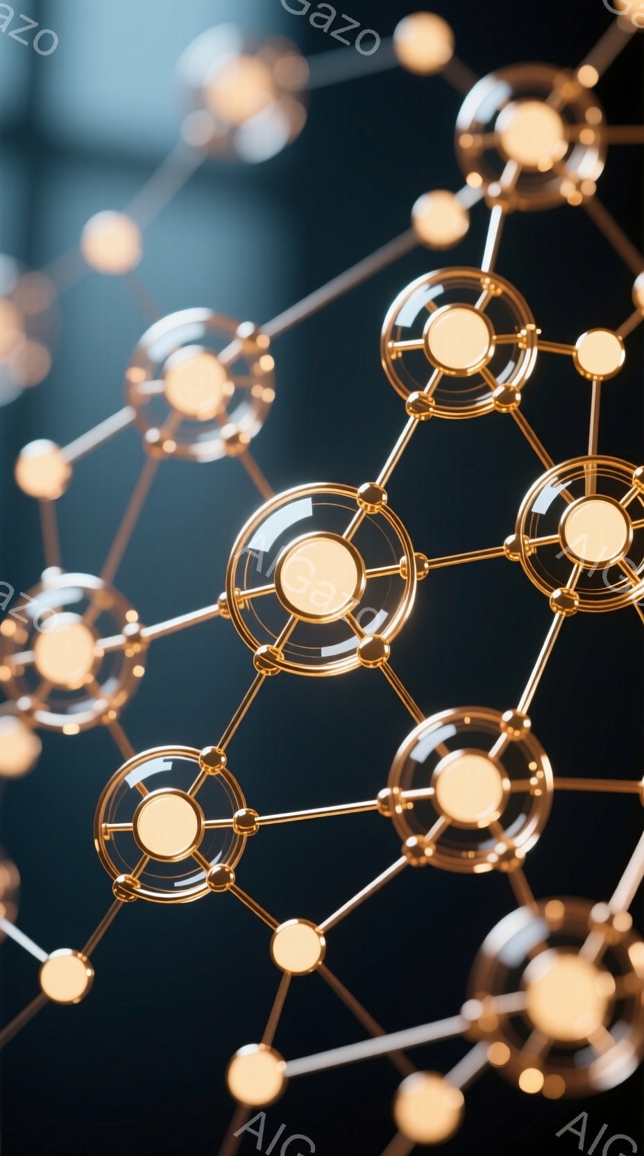 複雑な金色のネットワークが、暗い背景に浮かび上がっています。各ノードは球体と複数の放射状の棒で構成され、まるで分子構造や接続性を表しているかのようです。全体的に、未来的なテクノロジーや科学的コンセプトを想起させる、洗練された印象を与えます。