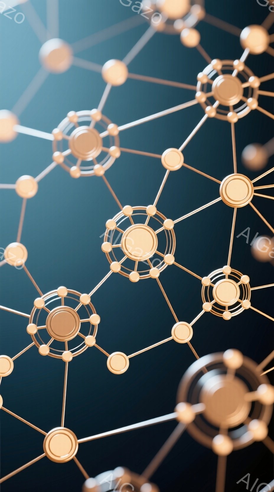 この画像は、暗い青色の背景に、複雑なネットワークのような金色の構造体が描かれています。各接続点は小さな円で表され、それらは細い線で繋がれており、全体的に分子構造や接続性を想起させます。光沢のある質感と影の描写により、立体感と奥行きが強調されています。