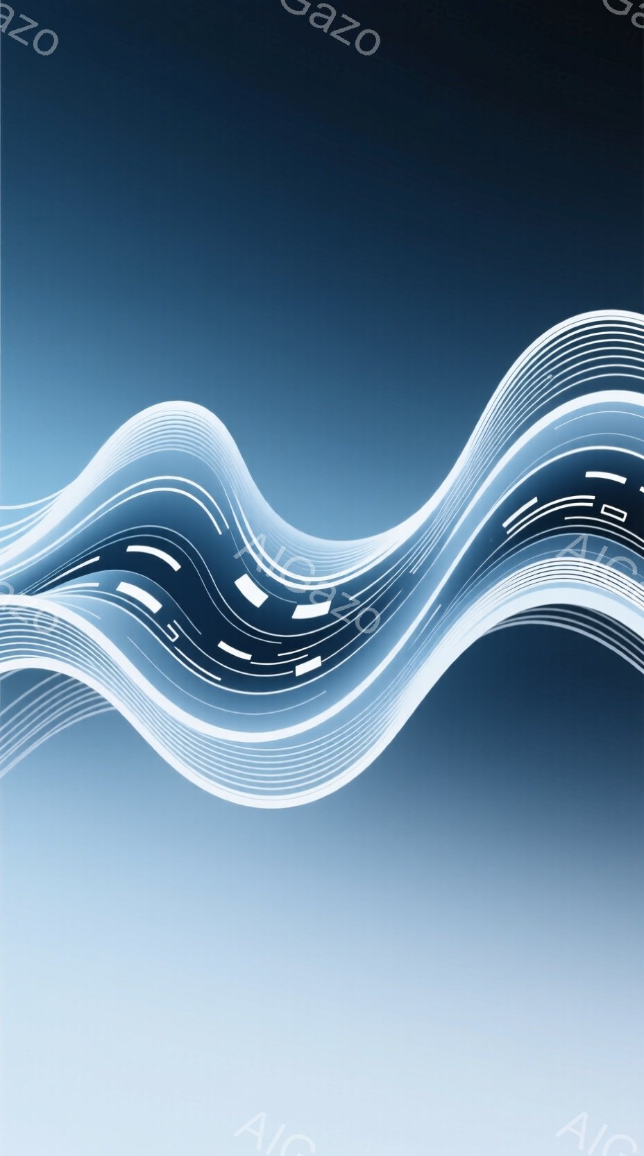 この画像は、青から薄い水色へのグラデーションを背景に、白い線が波状に流れる抽象的な表現です。線は、まるで光の軌跡のように、明るく、未来的な印象を与えます。全体として、静かで穏やかながらも、躍動感のある雰囲気を持っています。