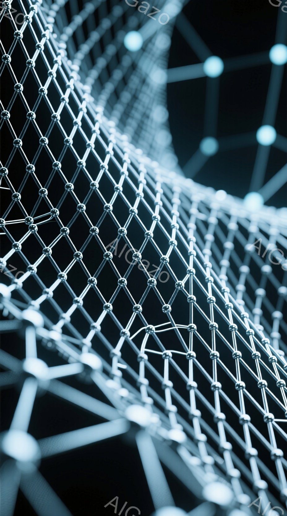 非常に複雑なネットワーク構造が特徴的な画像です。白い点と細い線で構成され、まるで分子構造やデジタル回路を連想させる抽象的な表現となっています。暗い背景に浮かび上がる光の粒子が未来的な雰囲気を作り出して - AI生成フリー素材