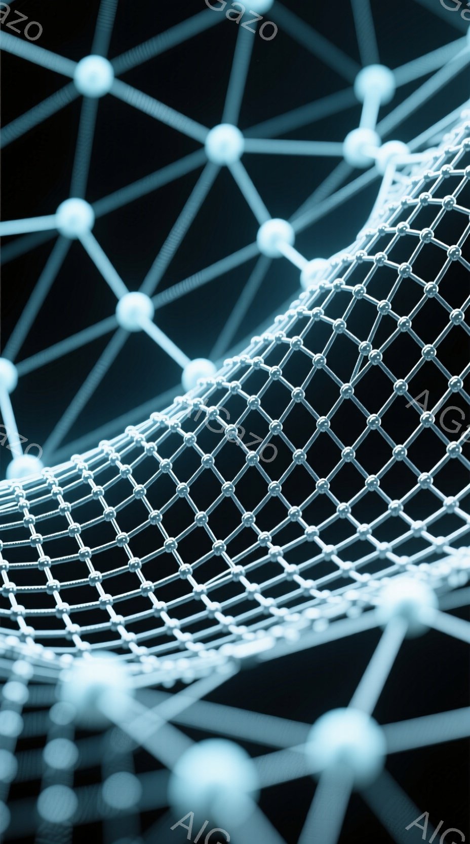 この画像は、複雑な分子構造を表現したCGのようです。炭素原子のような球体と、それらを繋ぐ線が網目状に広がっており、暗い背景に浮かび上がっています。未来的な科学やテクノロジー、あるいはナノテクノロジーを連想させる印象です。