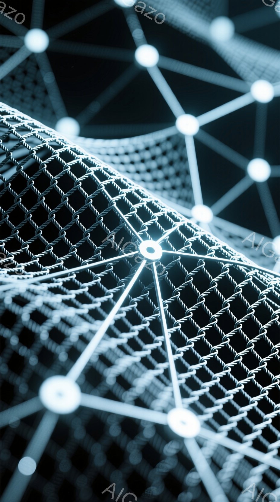 複雑な光のネットワークが、暗闇の中に浮かび上がっている様子が描かれている。光の線は点と点を結びつけ、幾何学的な構造を作り出しており、未来的な雰囲気と神秘的な印象を与える。背景は完全に黒で、ネットワークがより際立ち、見る者の視線を強く引きつける。