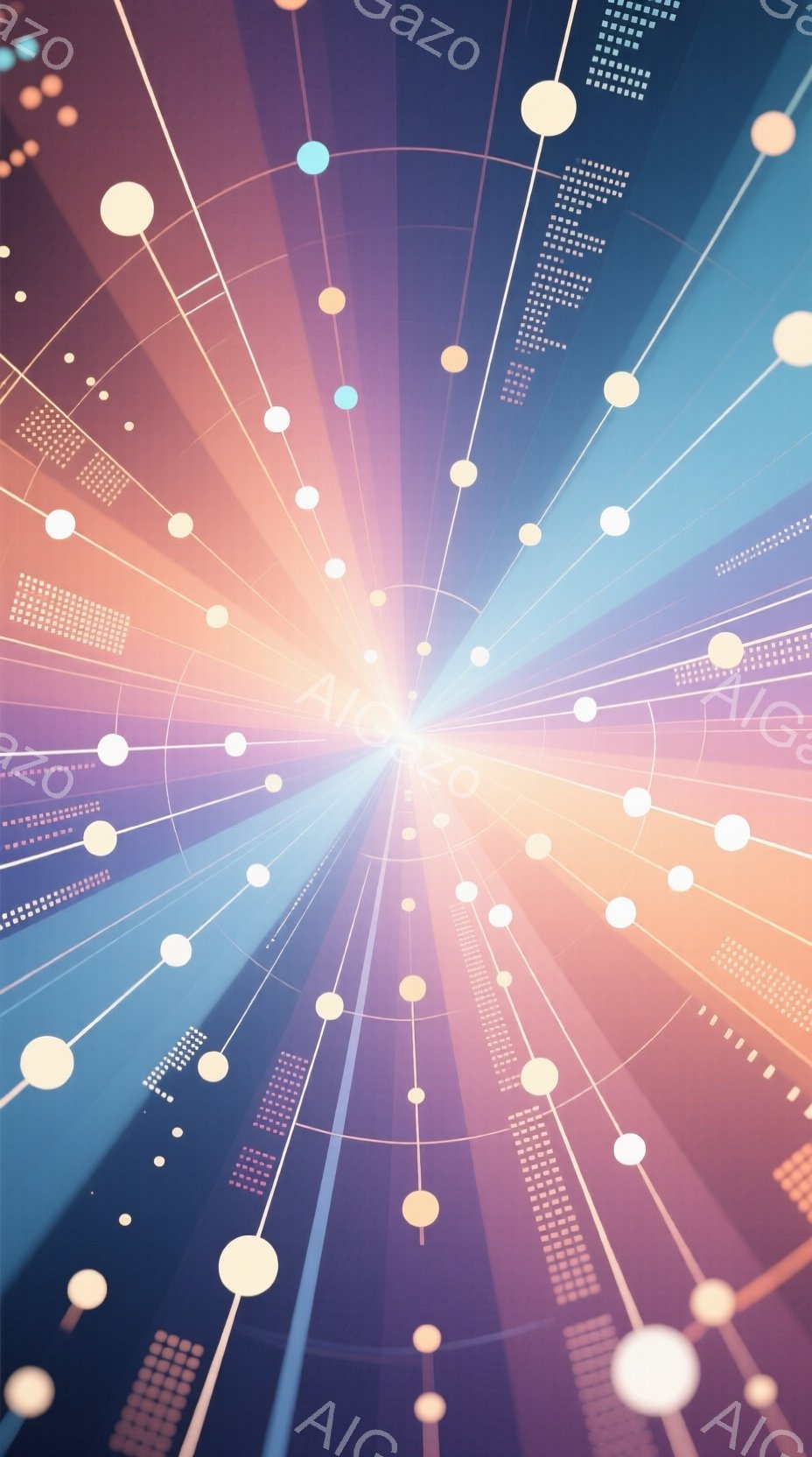 鮮やかな光線が中心から放射状に広がる抽象的なイメージです。白、青、オレンジ色の点が線で結ばれ、まるでネットワークや星雲のような複雑な構造を形成しています。全体的に未来的な雰囲気で、エネルギーや繋がりを感じさせるデザインです。