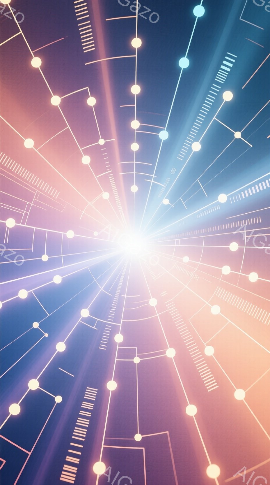 この画像は、中心から放射状に広がる線と光の球体で構成された抽象的な表現です。明るい白色からオレンジ、そして青へとグラデーションが変化し、まるでエネルギーや情報のネットワークが視覚化されたような印象を与えます。背景は暗く、光の線が際立つことで、未来的なテクノロジーや宇宙空間を連想させる雰囲気です。