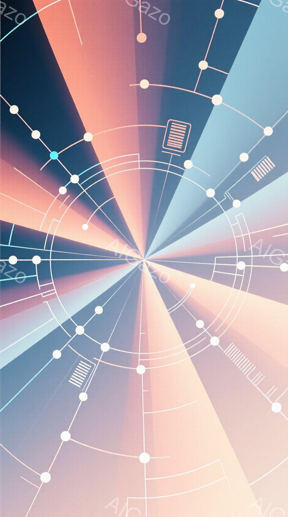 鮮やかな色彩が放射状に広がる抽象的なデザインです。中心から伸びる線と円が組み合わさり、未来的なテクノロジーやネットワークを連想させます。暖色と寒色が混ざり合い、奥行きと躍動感を生み出しています。
