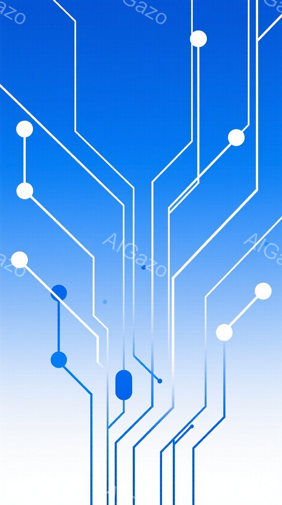 この画像は、白と青を基調としたグラデーションの背景に、白い線と青い円で構成された回路のようなデザインが描かれています。線は上部中央から放射状に広がり、複雑なネットワークを形成しているように見えます。全 - AI生成フリー素材
